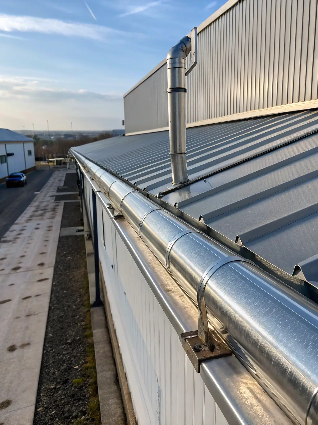 A collection of custom sheet metal accessories, including gutters, downspouts, and decorative elements, arranged in an artistic composition. The accessories are made of shiny, galvanized steel, reflecting light and showcasing their durability. The image should convey craftsmanship and attention to detail.